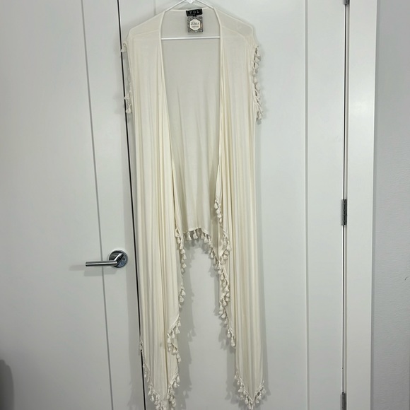 New POL Medium Ivory White Sleeveless Boho Long Duster Kimono Top w/Tassels - Picture 6 of 15